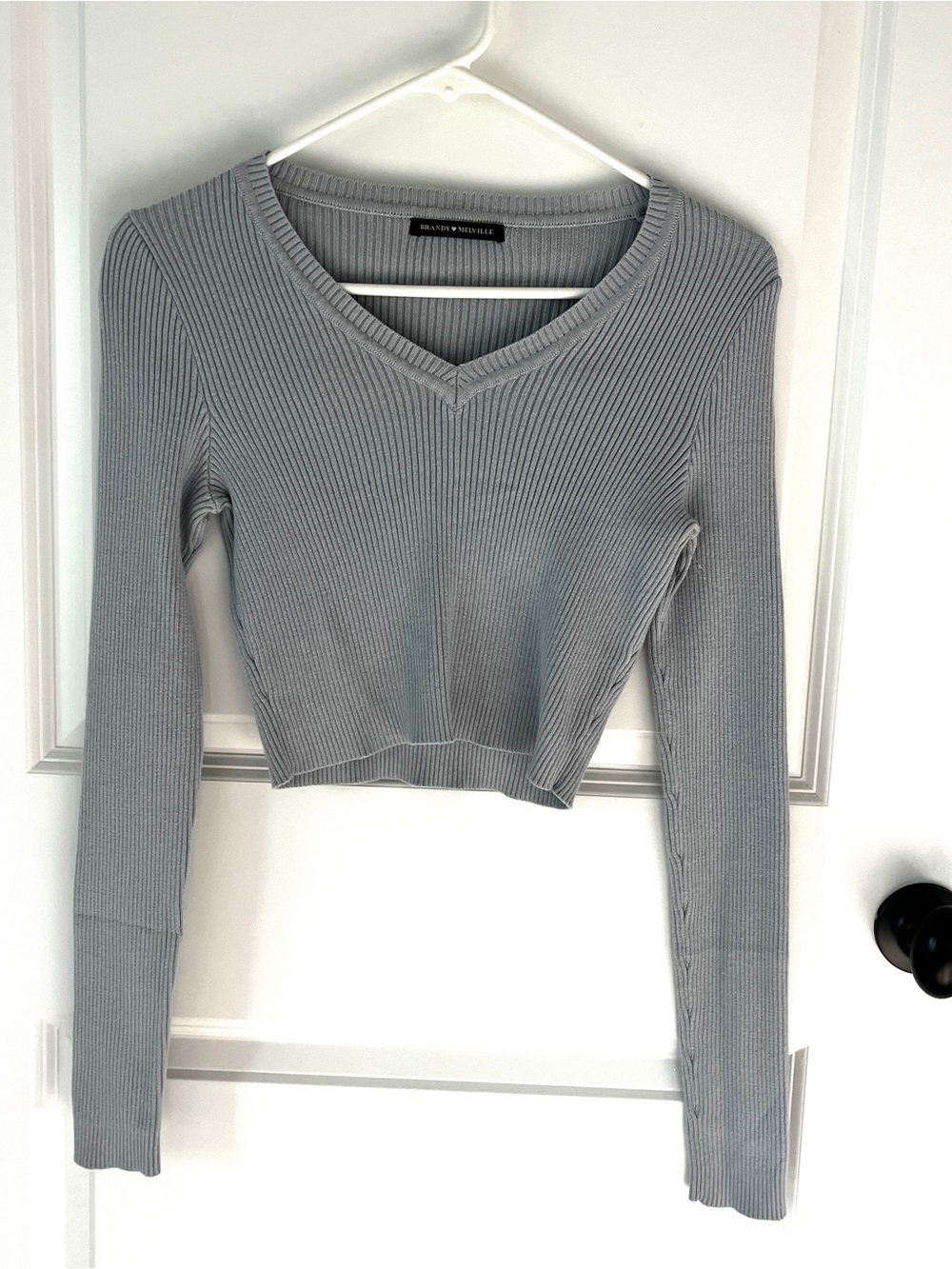 Brandy Melville Grey Ribbed V-Neck Long Sleeve Sweater Top Size XS-S